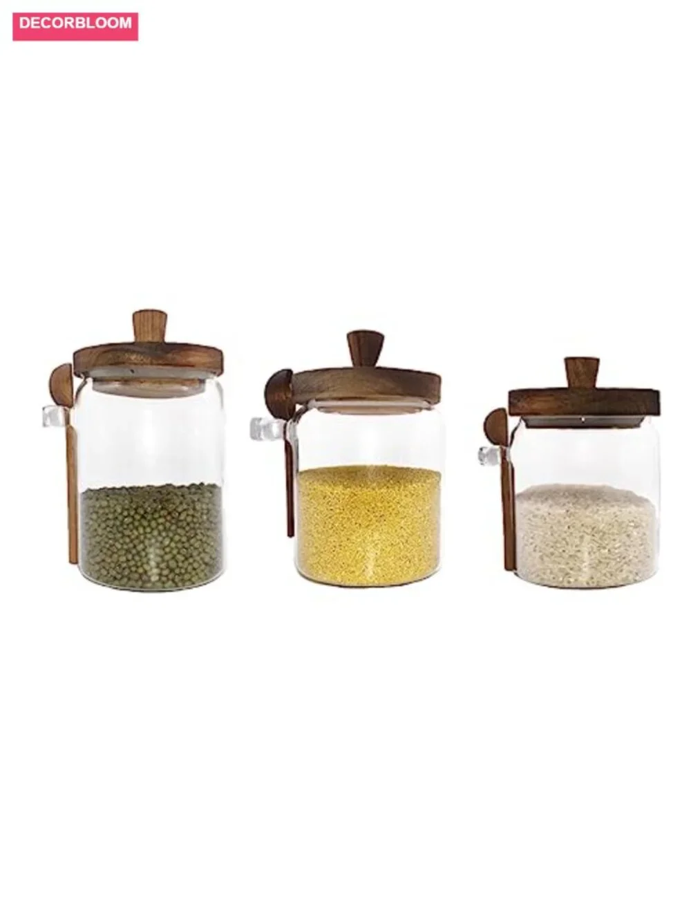 Glass Jars with Wooden Lids and Spoons, Set of 3, 17/22/27 OZ